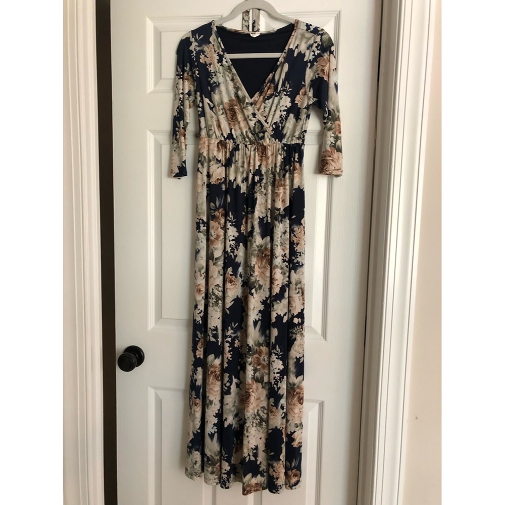 PinkBlush Navy Blue Floral Sash Tie Maxi Maternity Dress